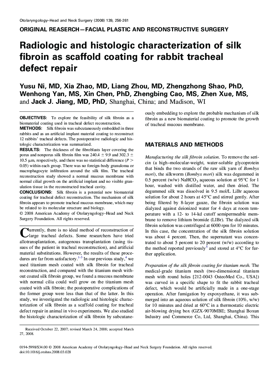 Radiologic and histologic characterization of silk fibroin as scaffold coating for rabbit tracheal defect repair