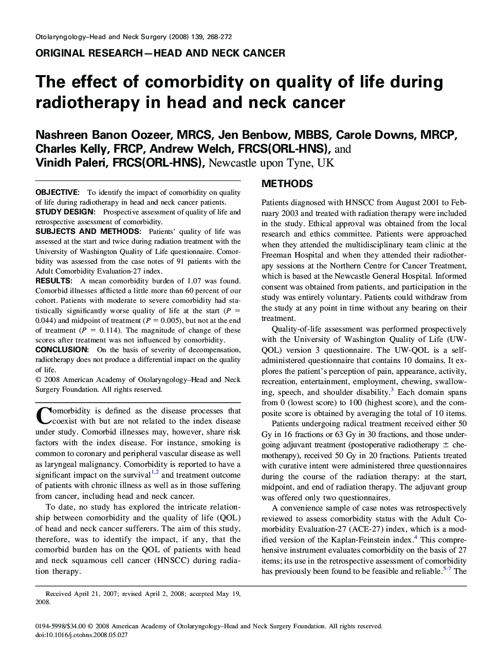 The effect of comorbidity on quality of life during radiotherapy in head and neck cancer