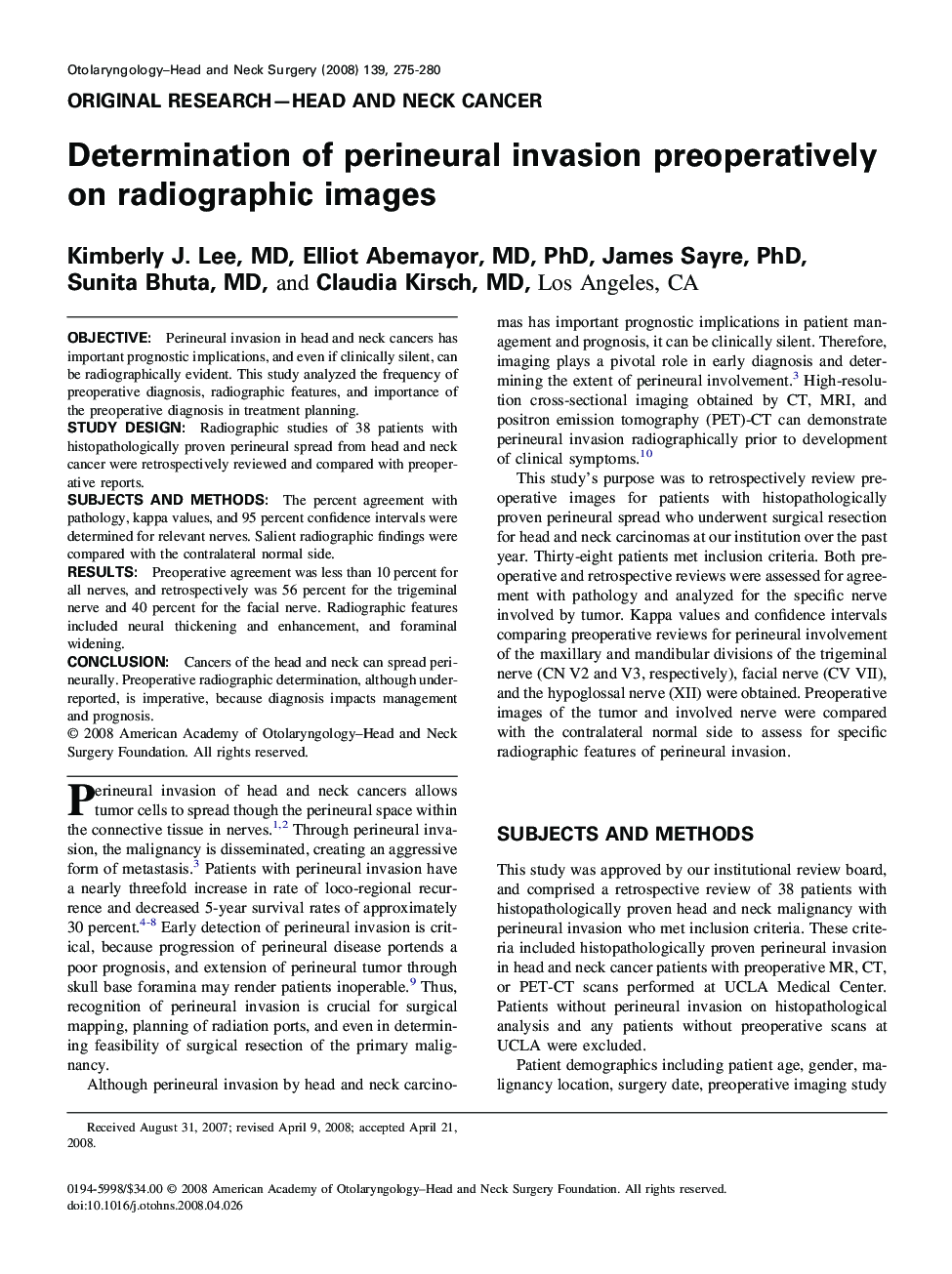 Determination of perineural invasion preoperatively on radiographic images