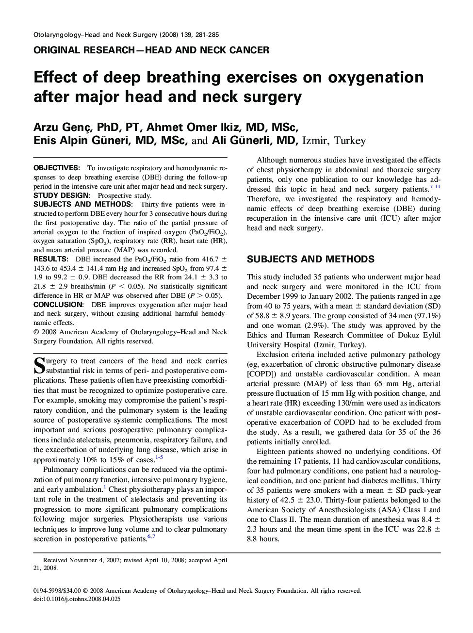 Effect of deep breathing exercises on oxygenation after major head and neck surgery