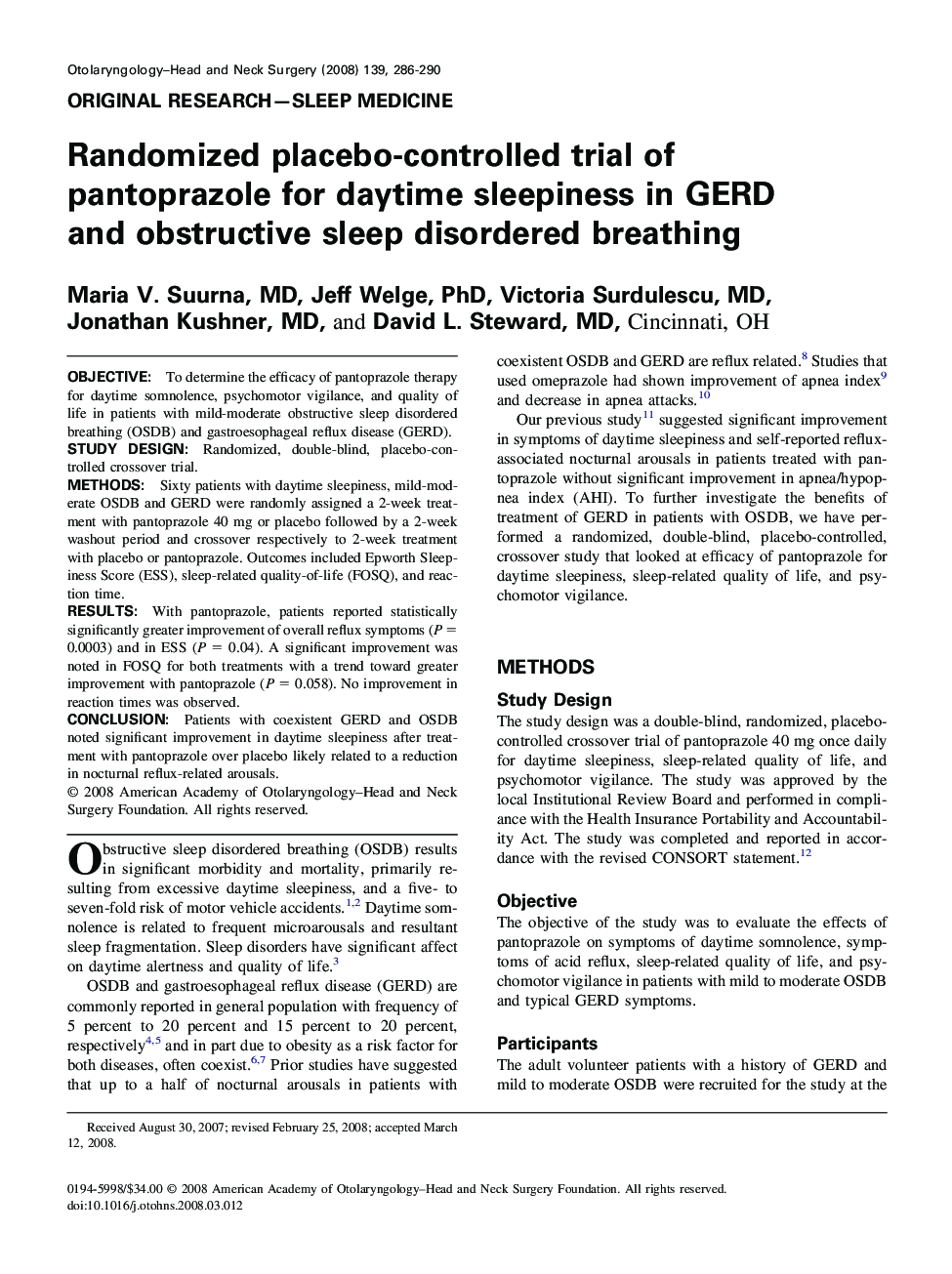 Randomized placebo-controlled trial of pantoprazole for daytime sleepiness in GERD and obstructive sleep disordered breathing