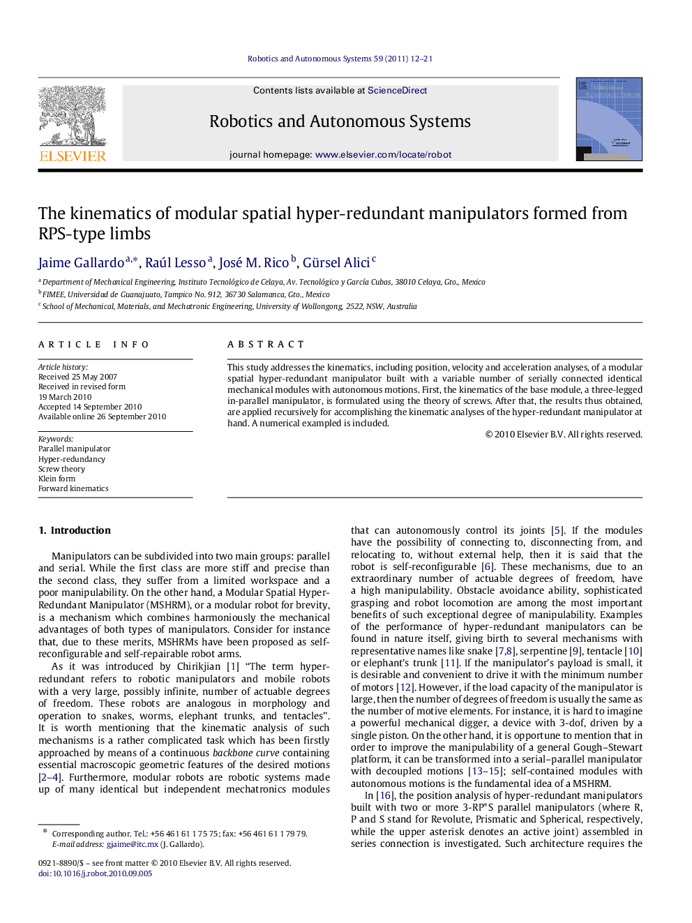 The kinematics of modular spatial hyper-redundant manipulators formed from RPS-type limbs