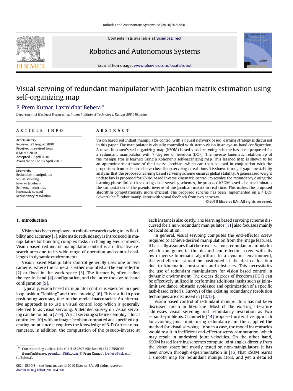 Visual servoing of redundant manipulator with Jacobian matrix estimation using self-organizing map