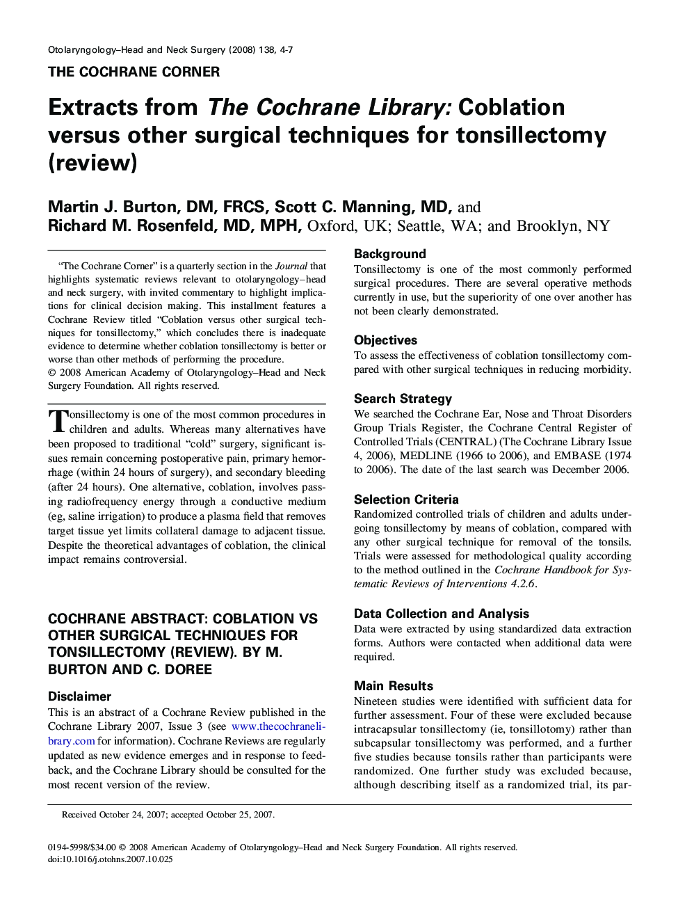 Extracts from The Cochrane Library: Coblation versus other surgical techniques for tonsillectomy (review)
