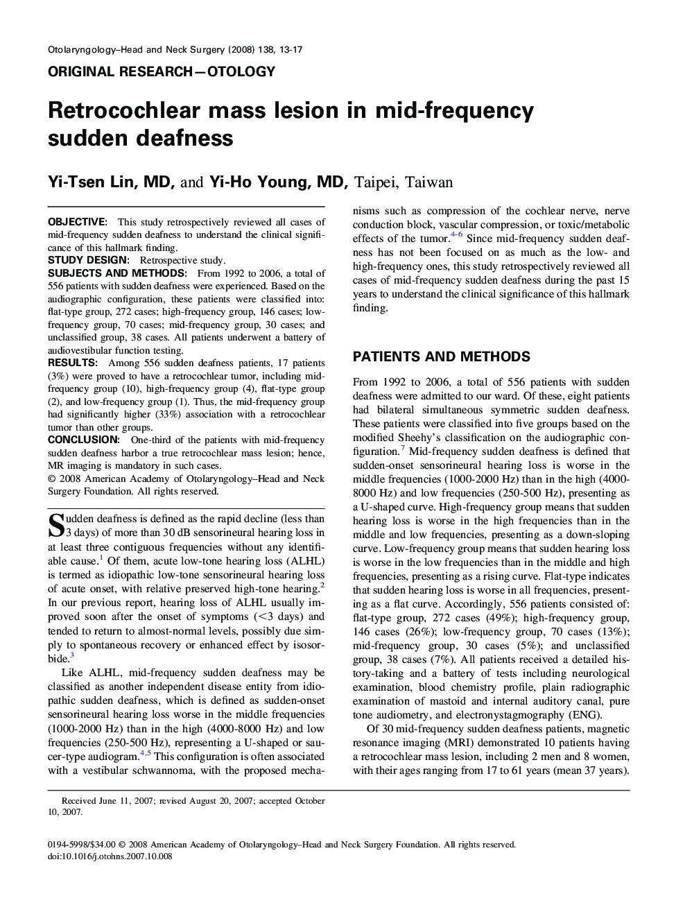 Retrocochlear mass lesion in mid-frequency sudden deafness