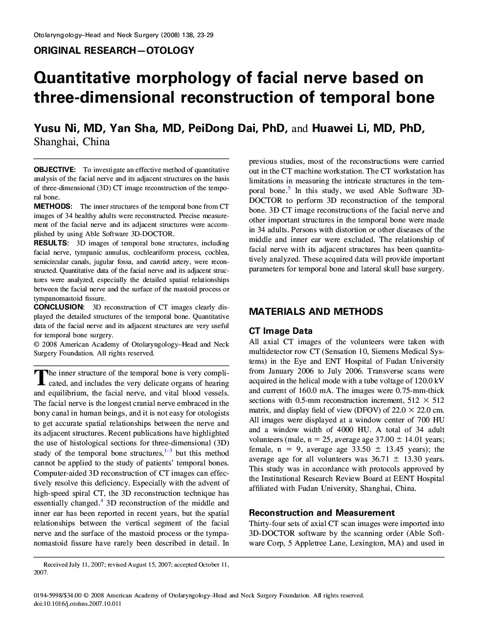 Quantitative morphology of facial nerve based on three-dimensional reconstruction of temporal bone