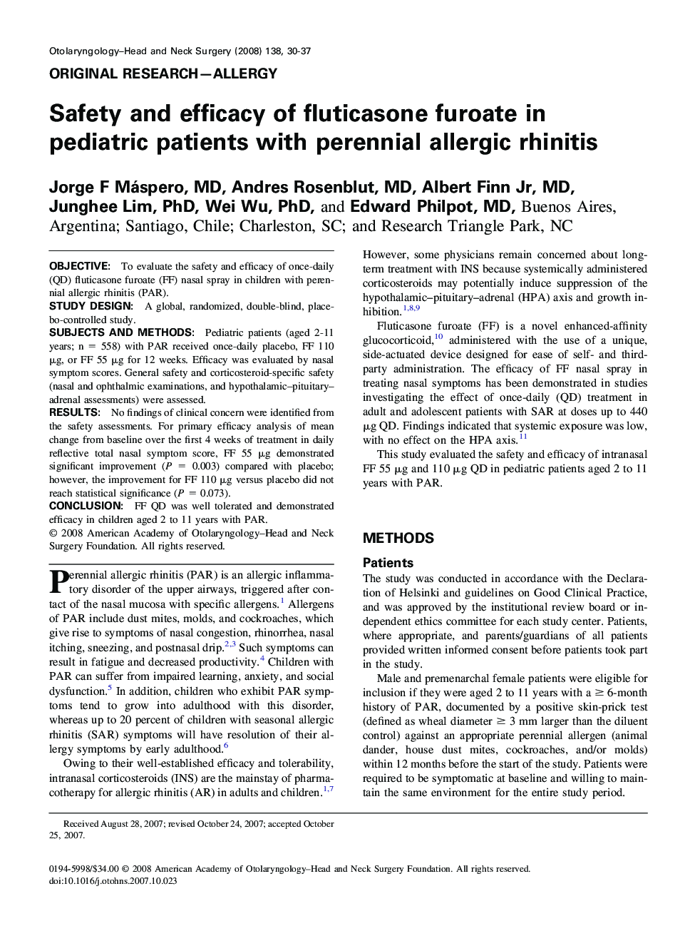 Safety and efficacy of fluticasone furoate in pediatric patients with perennial allergic rhinitis