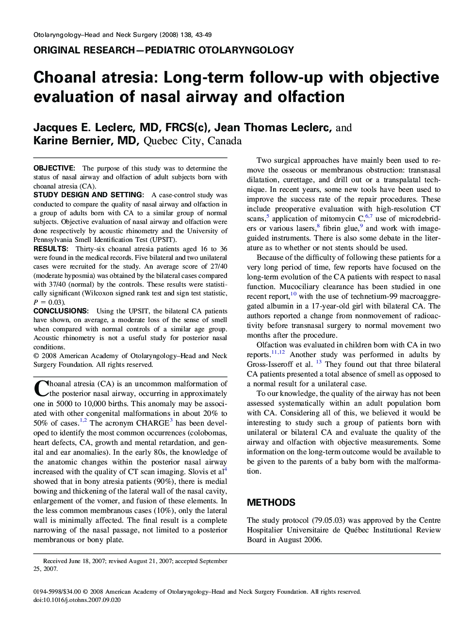 Choanal atresia: Long-term follow-up with objective evaluation of nasal airway and olfaction