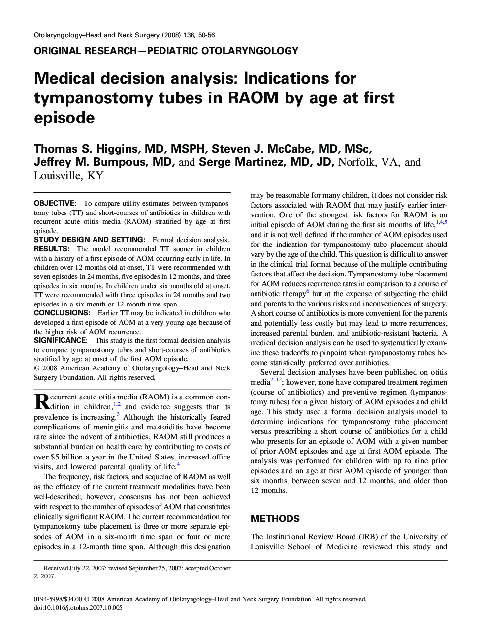 Medical decision analysis: Indications for tympanostomy tubes in RAOM by age at first episode