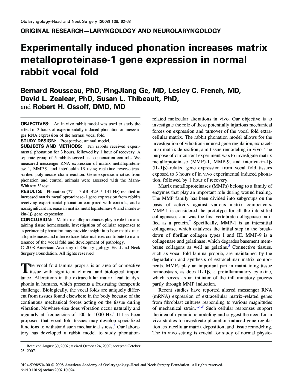 Experimentally induced phonation increases matrix metalloproteinase-1 gene expression in normal rabbit vocal fold