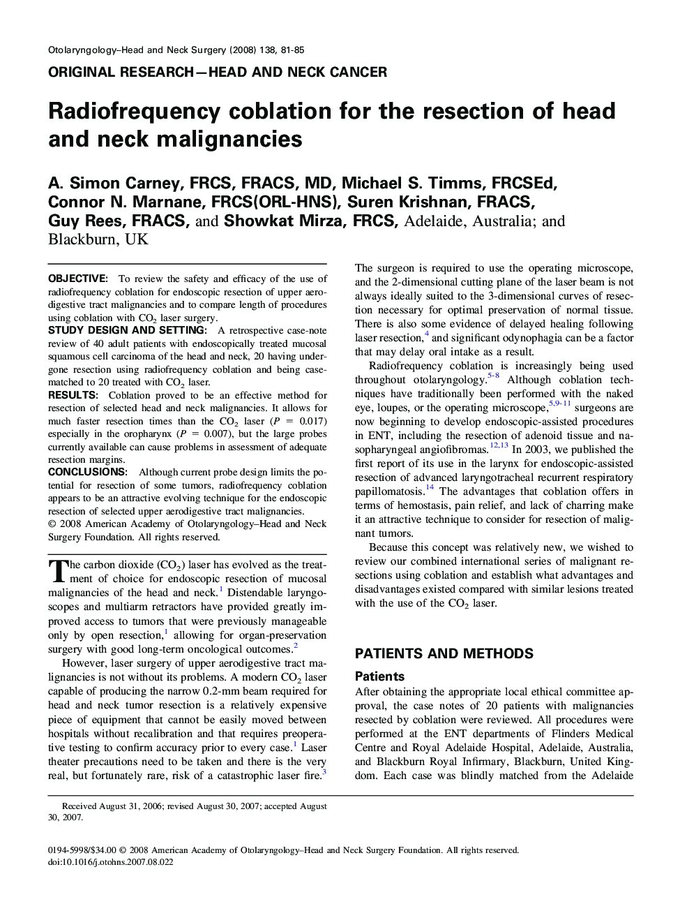 Radiofrequency coblation for the resection of head and neck malignancies