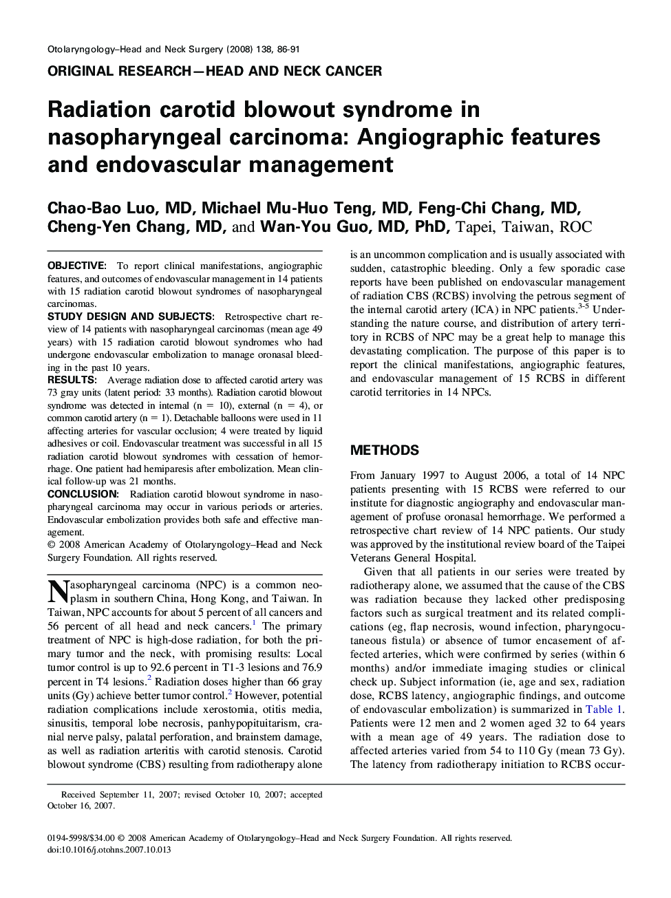 Radiation carotid blowout syndrome in nasopharyngeal carcinoma: Angiographic features and endovascular management