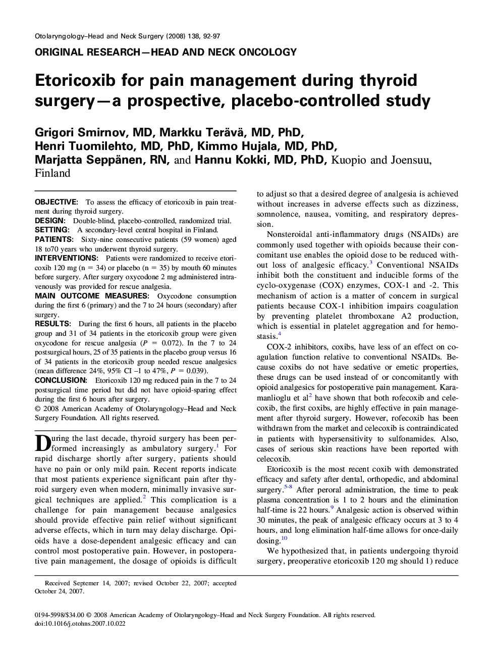 Etoricoxib for pain management during thyroid surgery-a prospective, placebo-controlled study