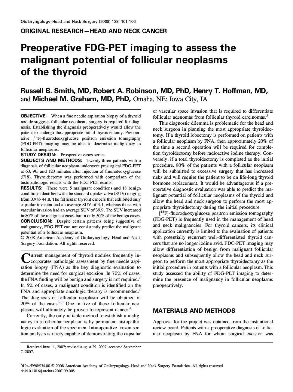 Preoperative FDG-PET imaging to assess the malignant potential of follicular neoplasms of the thyroid