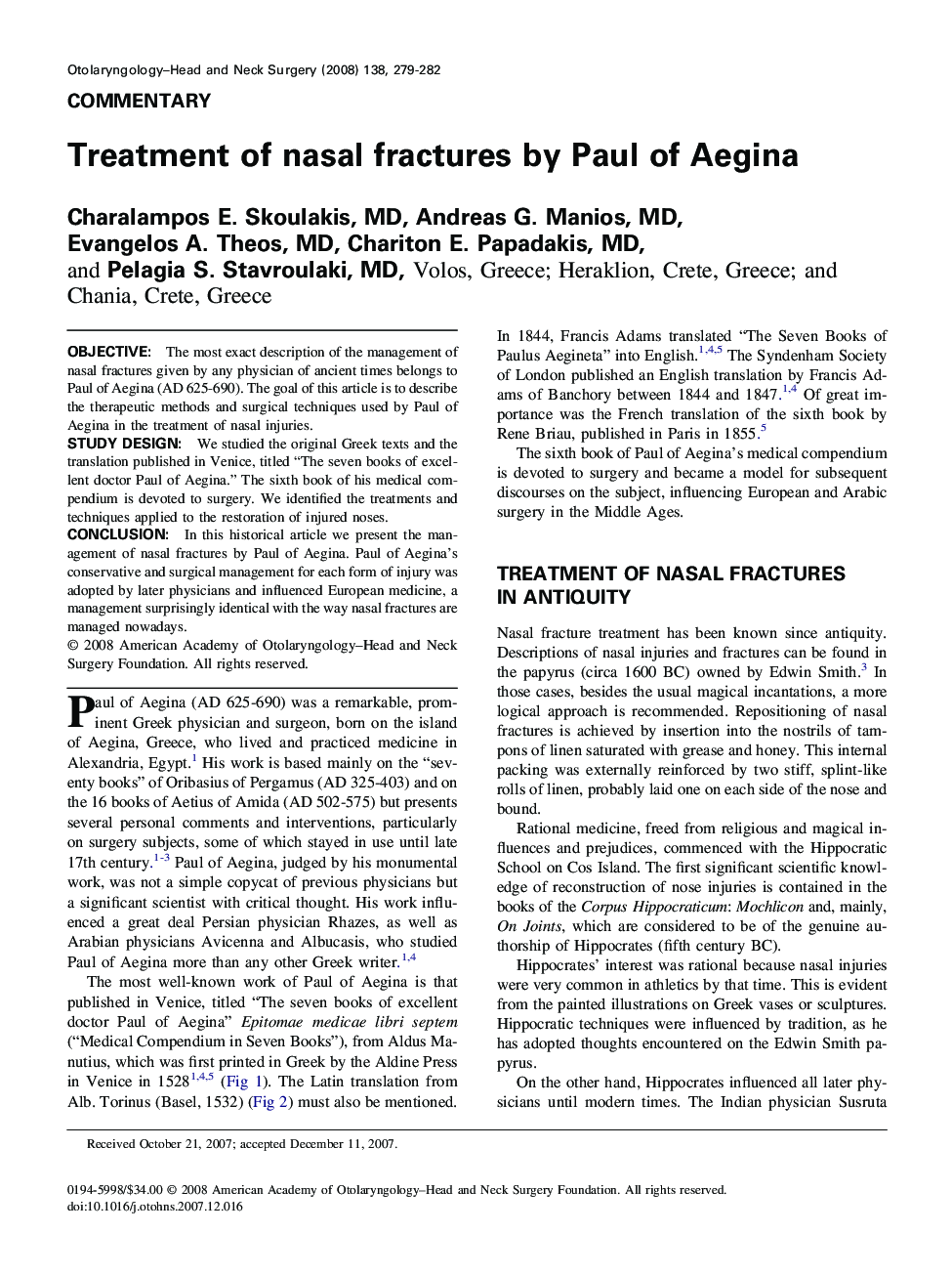 عکس صفحه اول مقاله: Treatment of nasal fractures by Paul of Aegina Treatment of nasal fractures by Paul of Aegina