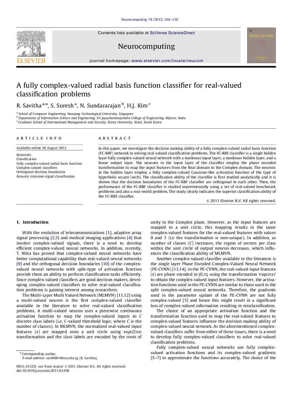 A fully complex-valued radial basis function classifier for real-valued classification problems