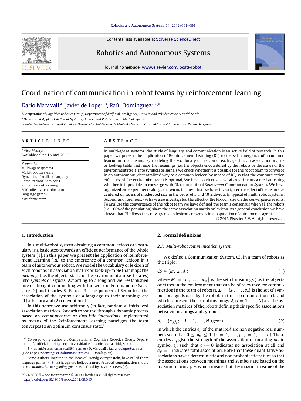 Coordination of communication in robot teams by reinforcement learning