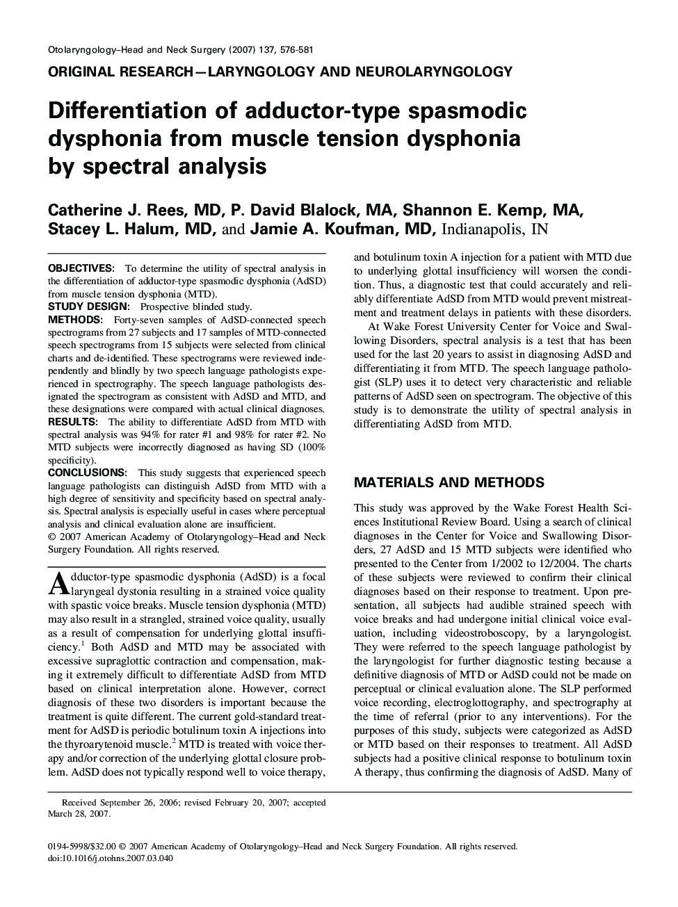 Differentiation of adductor-type spasmodic dysphonia from muscle tension dysphonia by spectral analysis