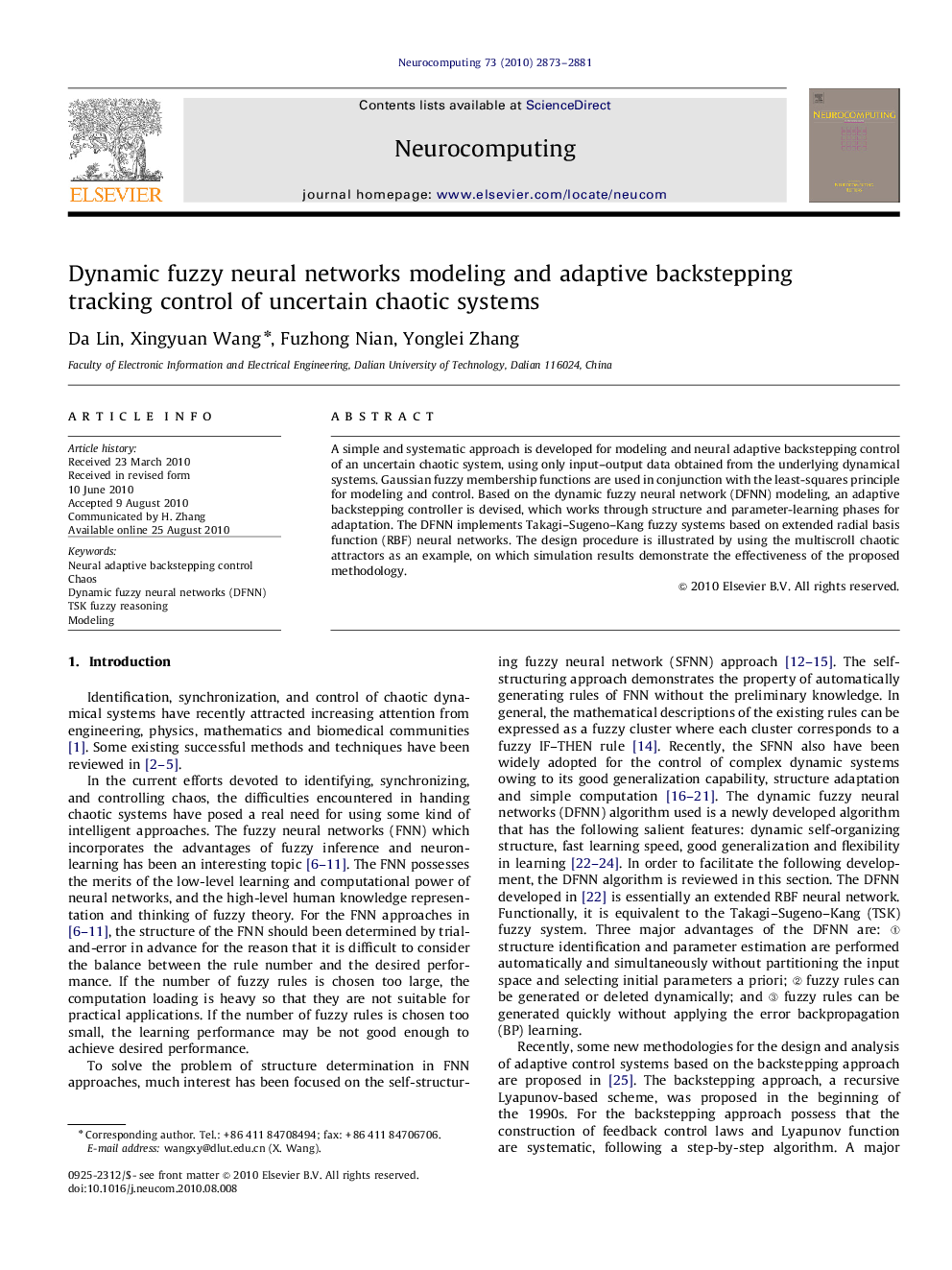 Dynamic fuzzy neural networks modeling and adaptive backstepping tracking control of uncertain chaotic systems