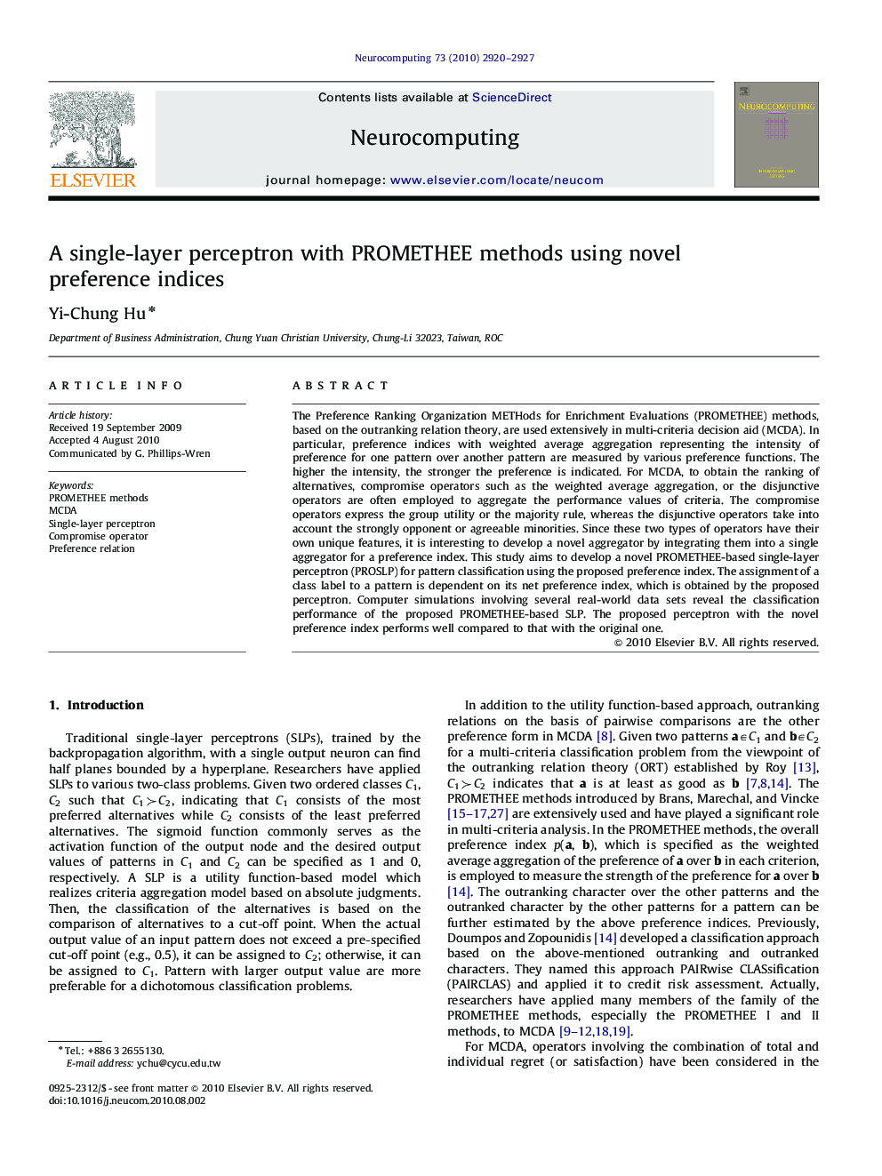 A single-layer perceptron with PROMETHEE methods using novel preference indices