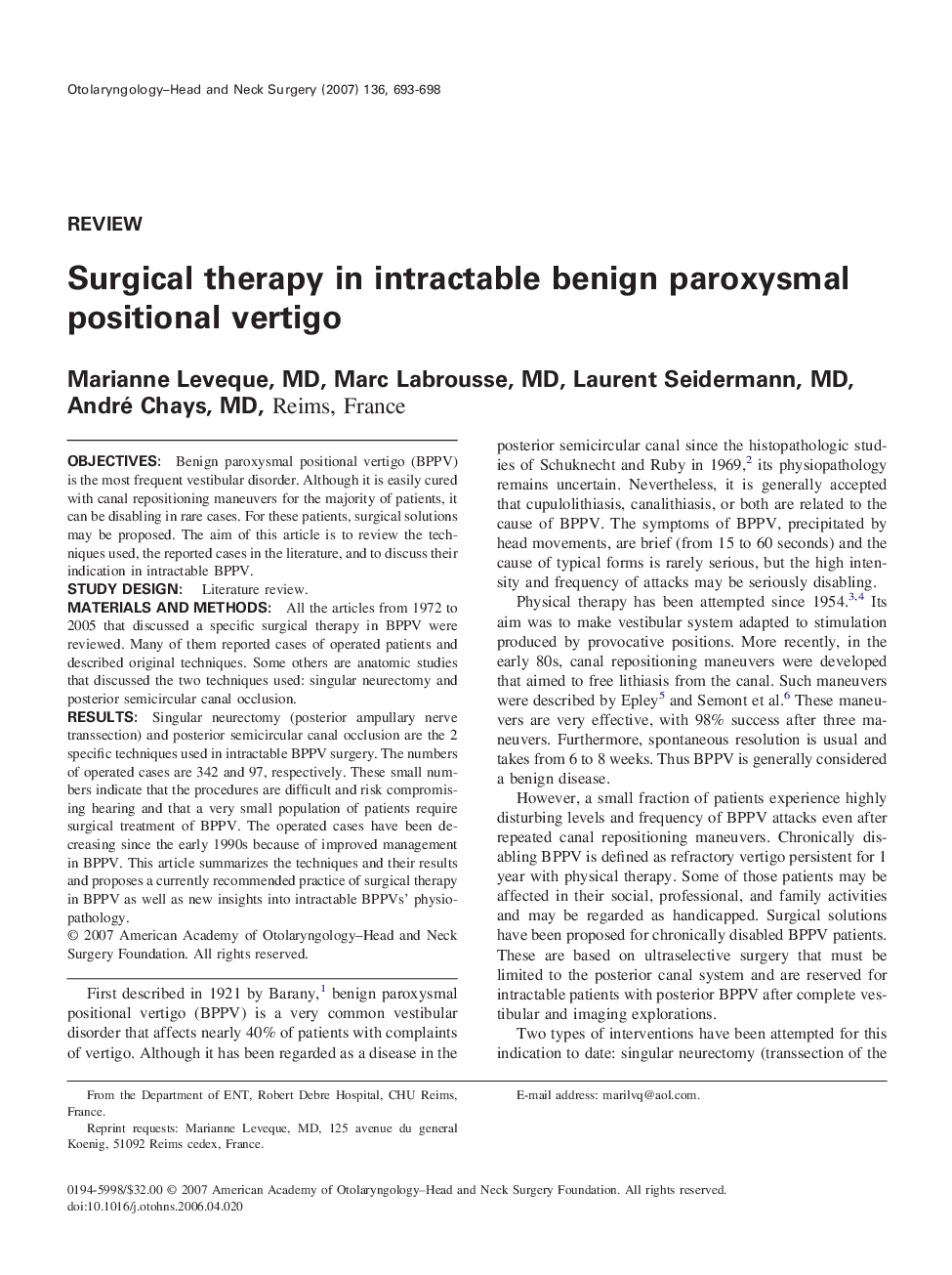 Surgical therapy in intractable benign paroxysmal positional vertigo