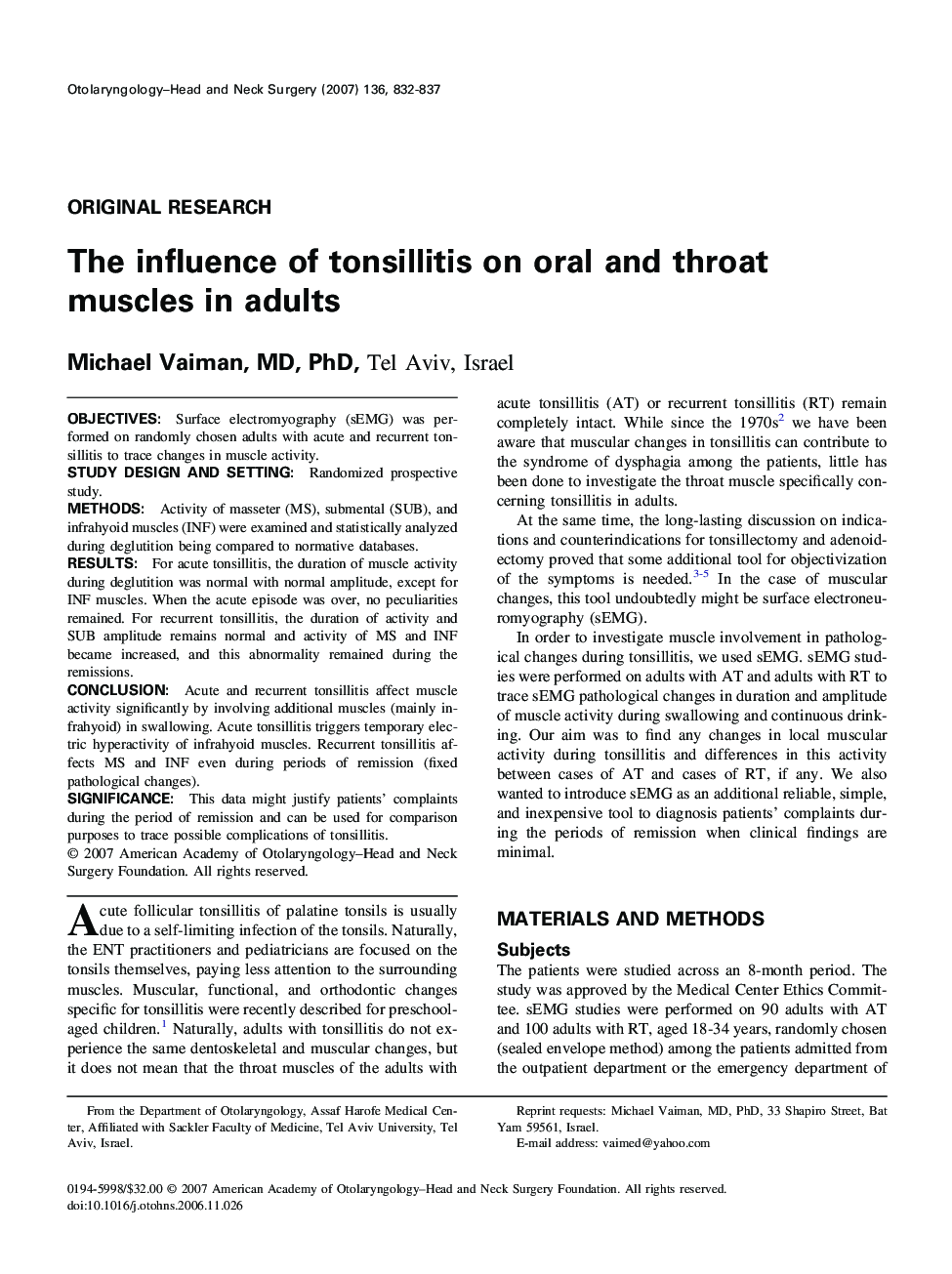 The influence of tonsillitis on oral and throat muscles in adults