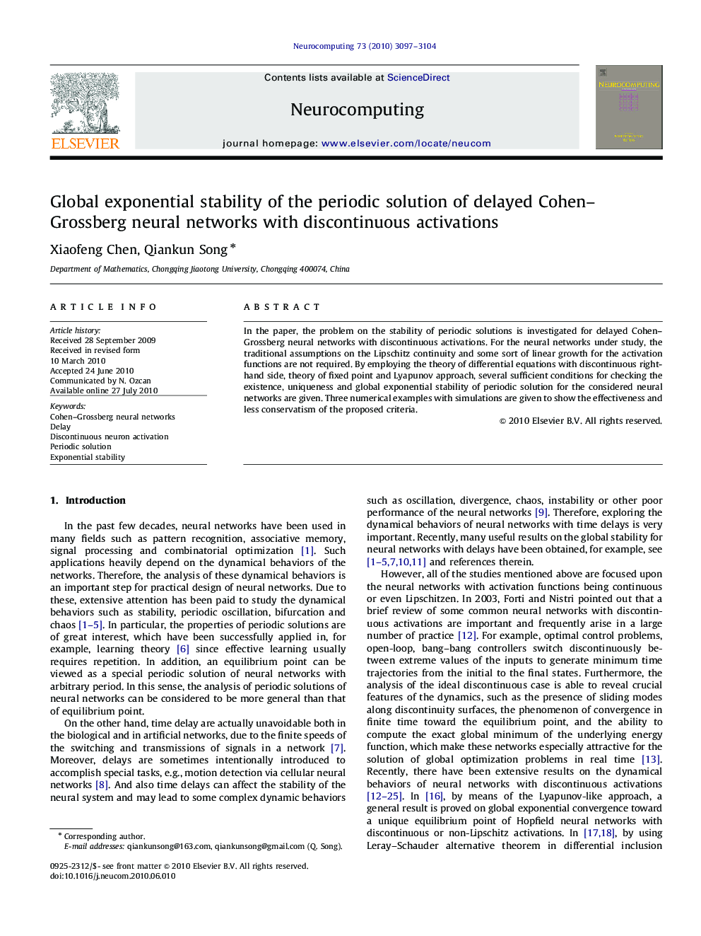 Global exponential stability of the periodic solution of delayed Cohen–Grossberg neural networks with discontinuous activations