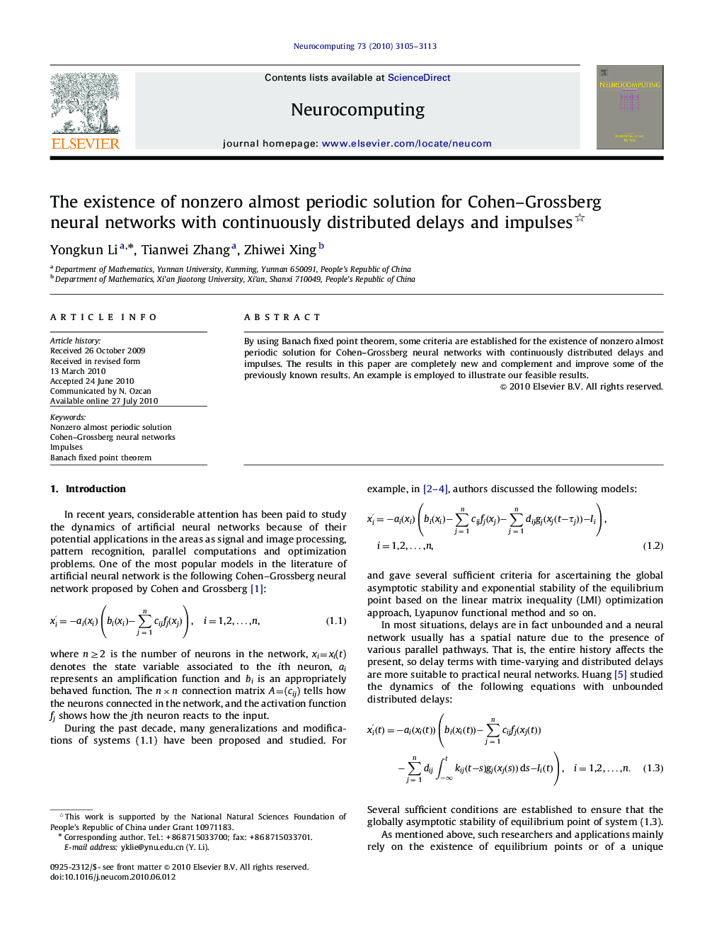 The existence of nonzero almost periodic solution for Cohen–Grossberg neural networks with continuously distributed delays and impulses 