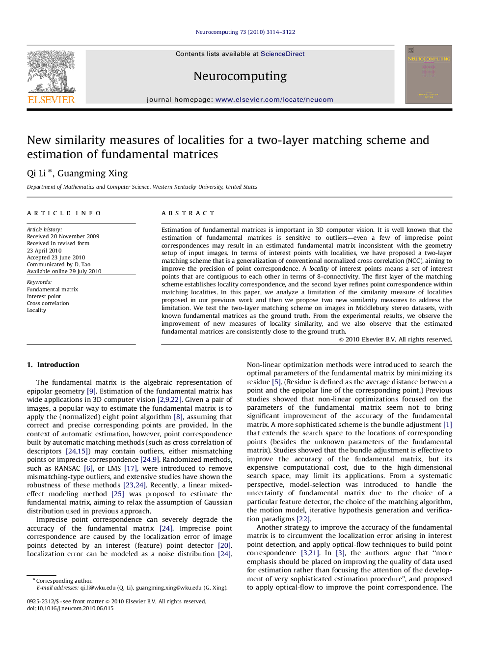 New similarity measures of localities for a two-layer matching scheme and estimation of fundamental matrices