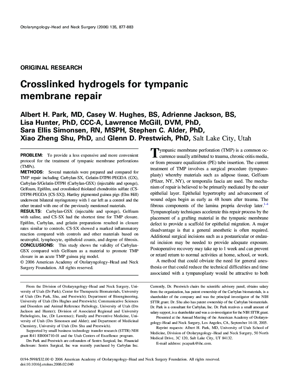 Crosslinked hydrogels for tympanic membrane repair