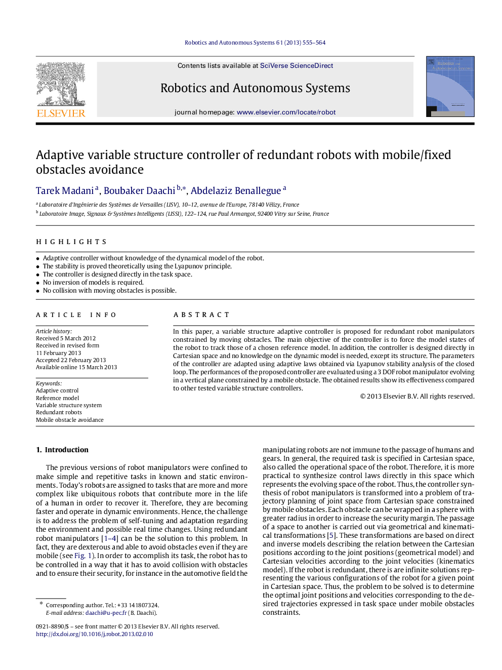 عکس صفحه اول مقاله: Adaptive variable structure controller of redundant robots with mobile/fixed obstacles avoidance Adaptive variable structure controller of redundant robots with mobile/fixed obstacles avoidance