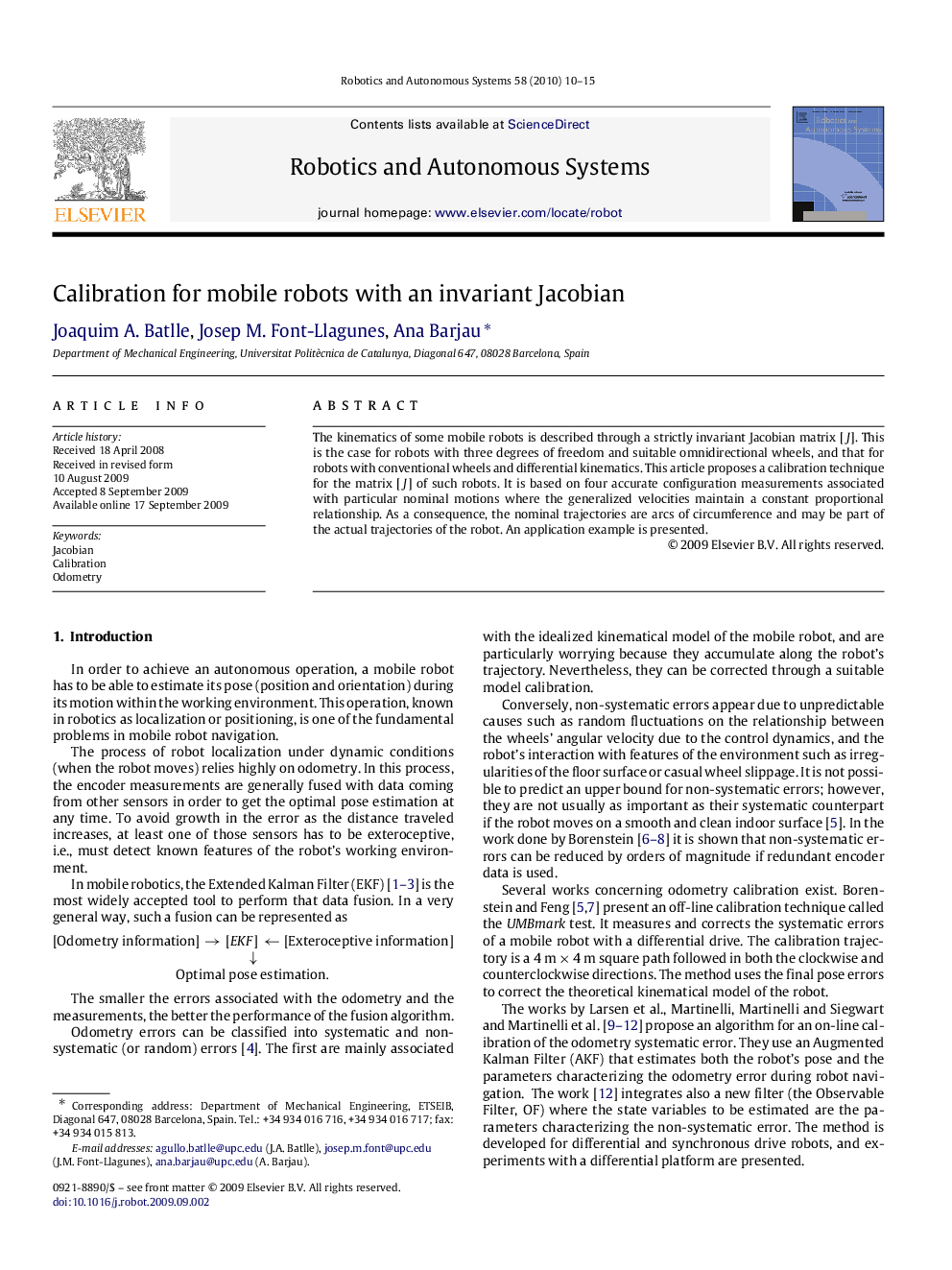 Calibration for mobile robots with an invariant Jacobian