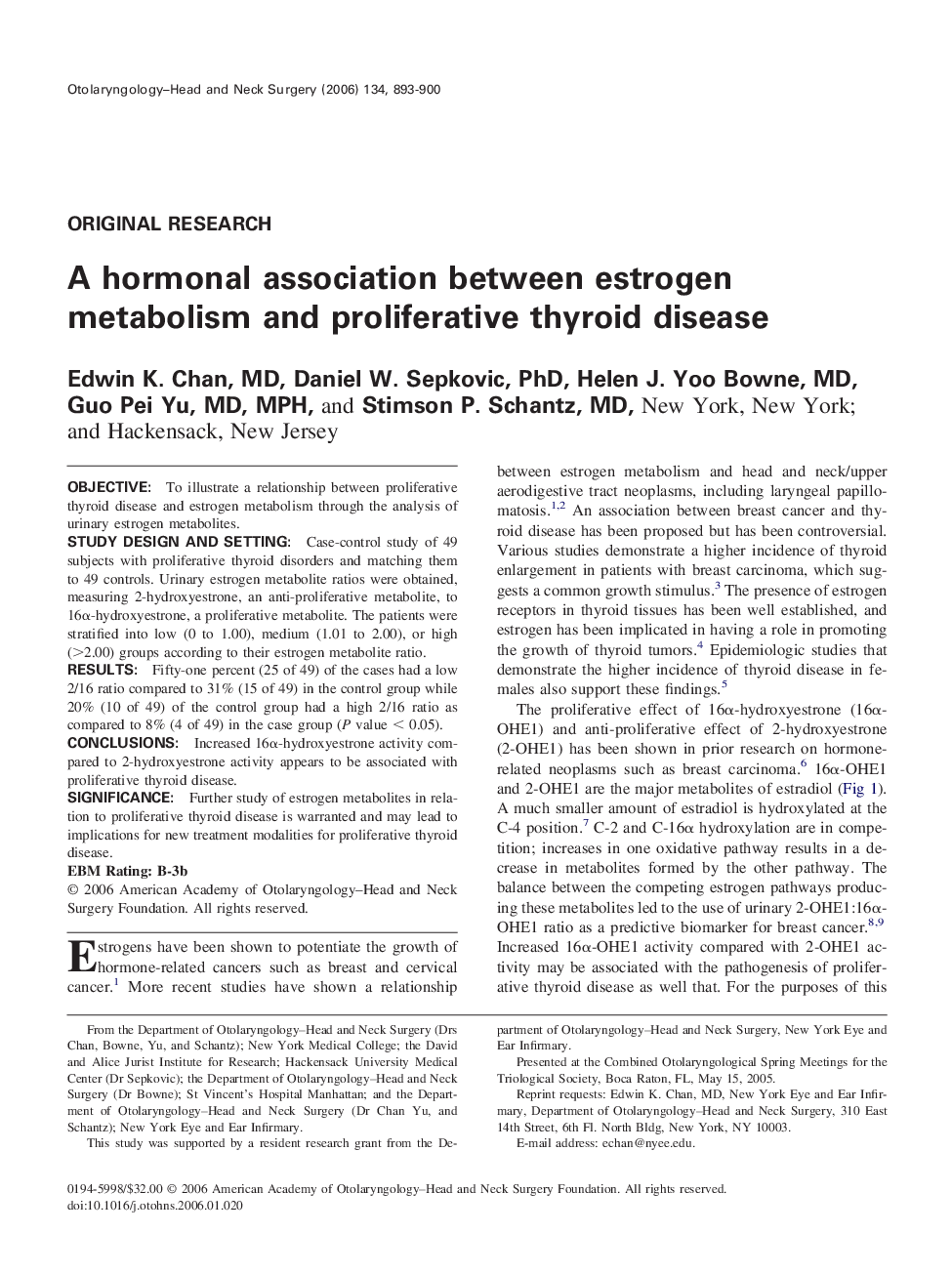 A hormonal association between estrogen metabolism and proliferative thyroid disease