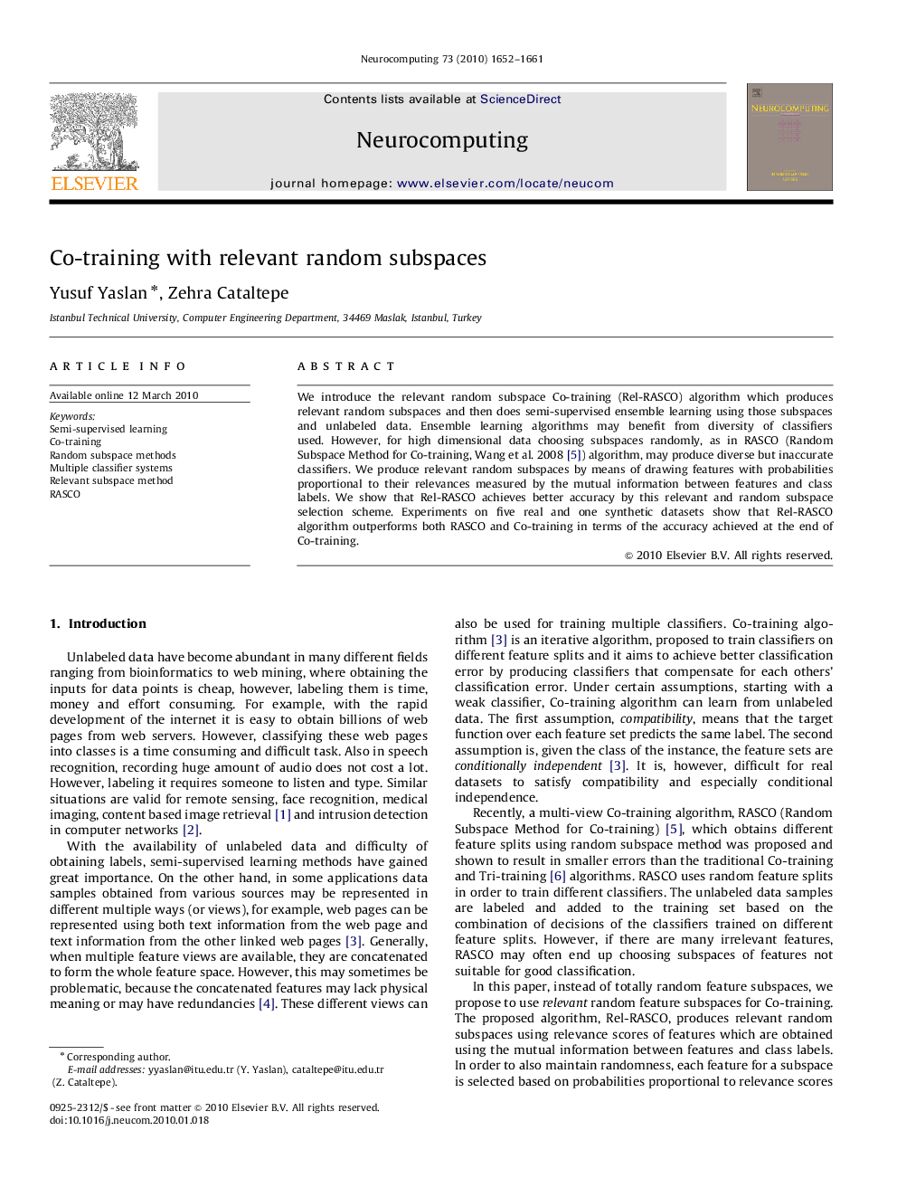 Co-training with relevant random subspaces