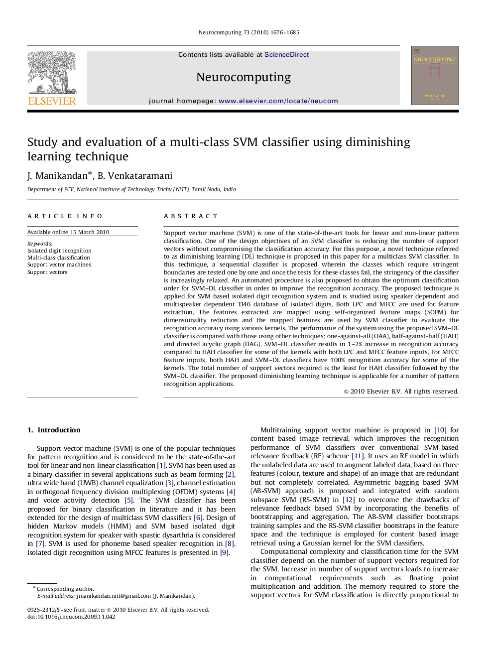 Study and evaluation of a multi-class SVM classifier using diminishing learning technique