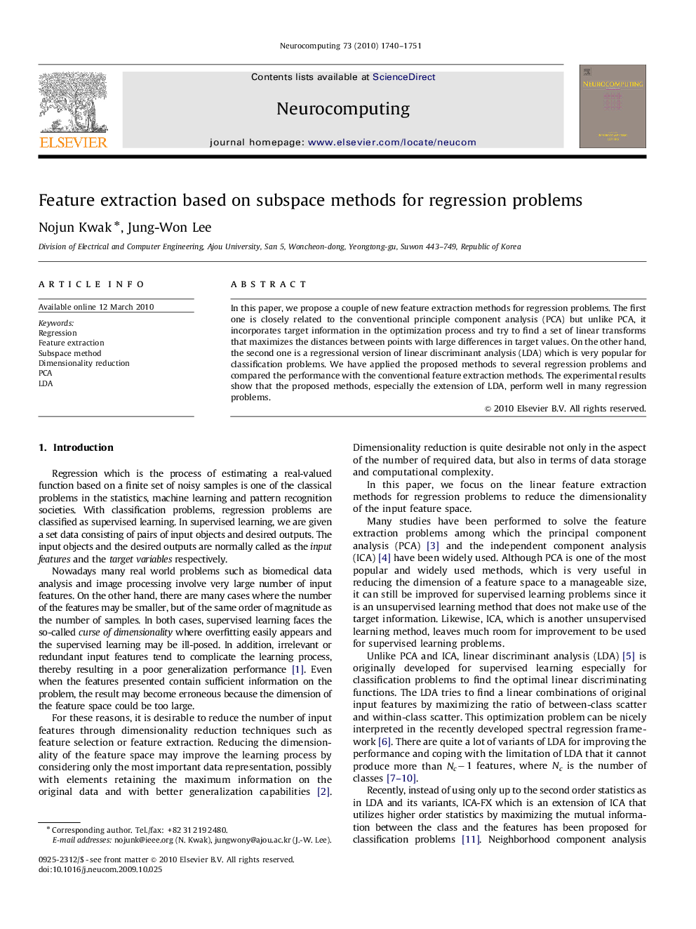 Feature extraction based on subspace methods for regression problems