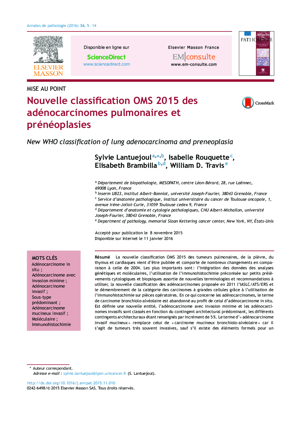 Nouvelle classification OMS 2015 des adénocarcinomes pulmonaires et prénéoplasies