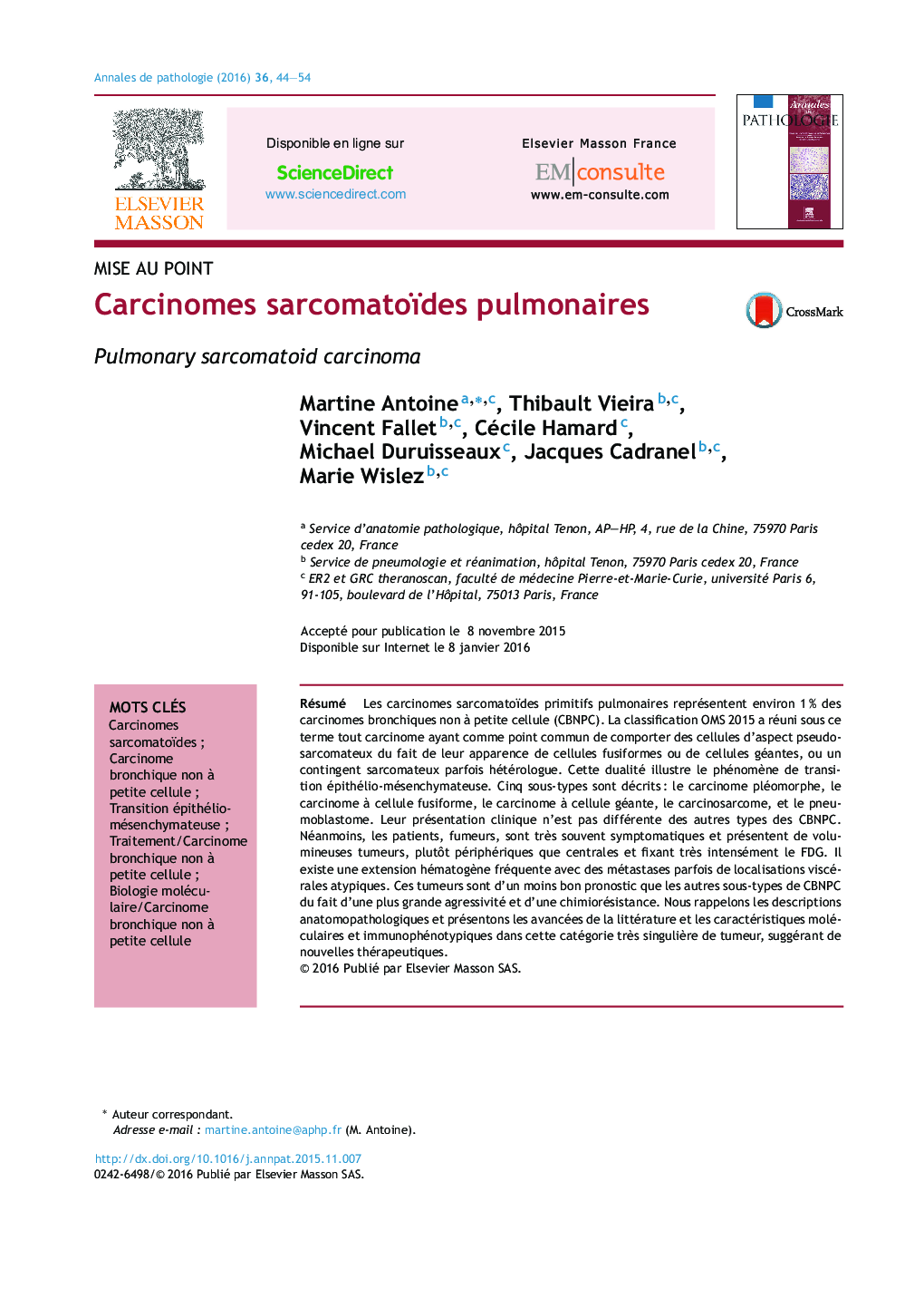 Carcinomes sarcomatoïdes pulmonaires