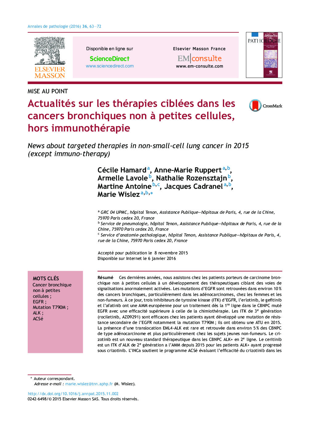 Actualités sur les thérapies ciblées dans les cancers bronchiques non Ã  petites cellules, hors immunothérapie