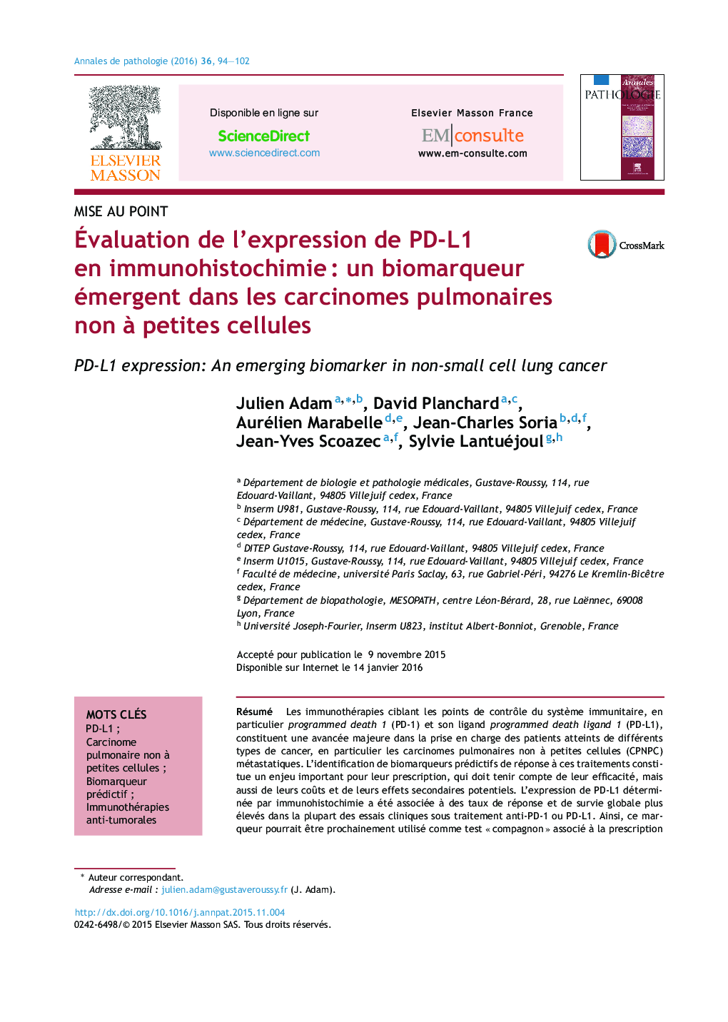 Ãvaluation de l'expression de PD-L1 en immunohistochimieÂ : un biomarqueur émergent dans les carcinomes pulmonaires non Ã  petites cellules