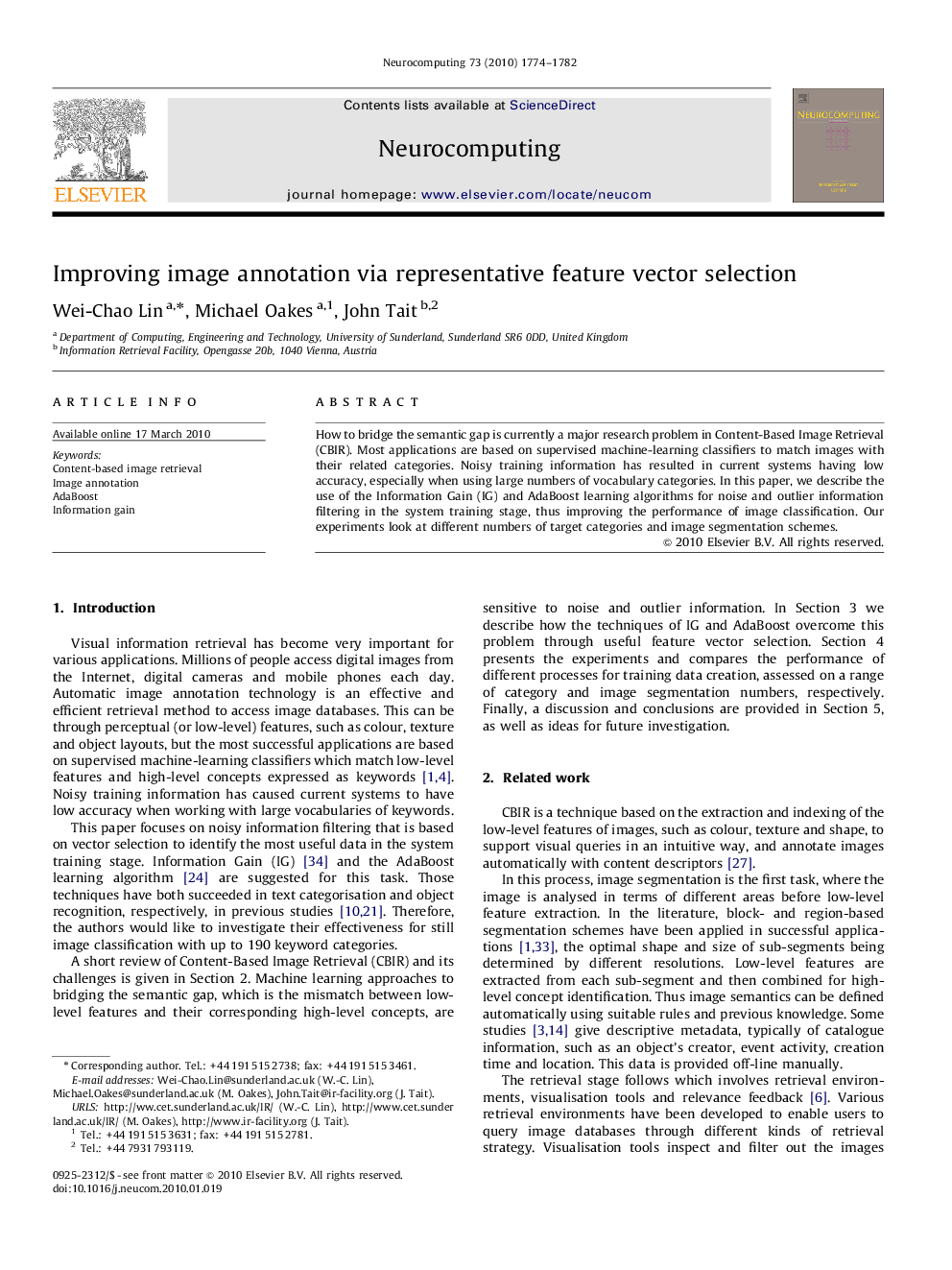 Improving image annotation via representative feature vector selection