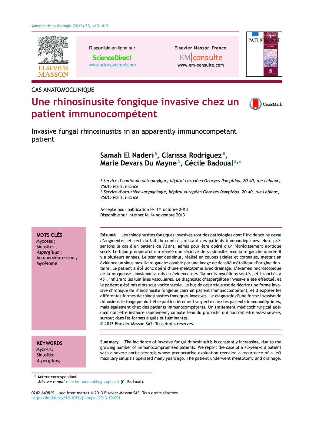 Une rhinosinusite fongique invasive chez un patient immunocompétent