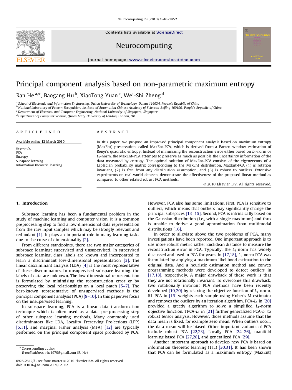 Principal component analysis based on non-parametric maximum entropy