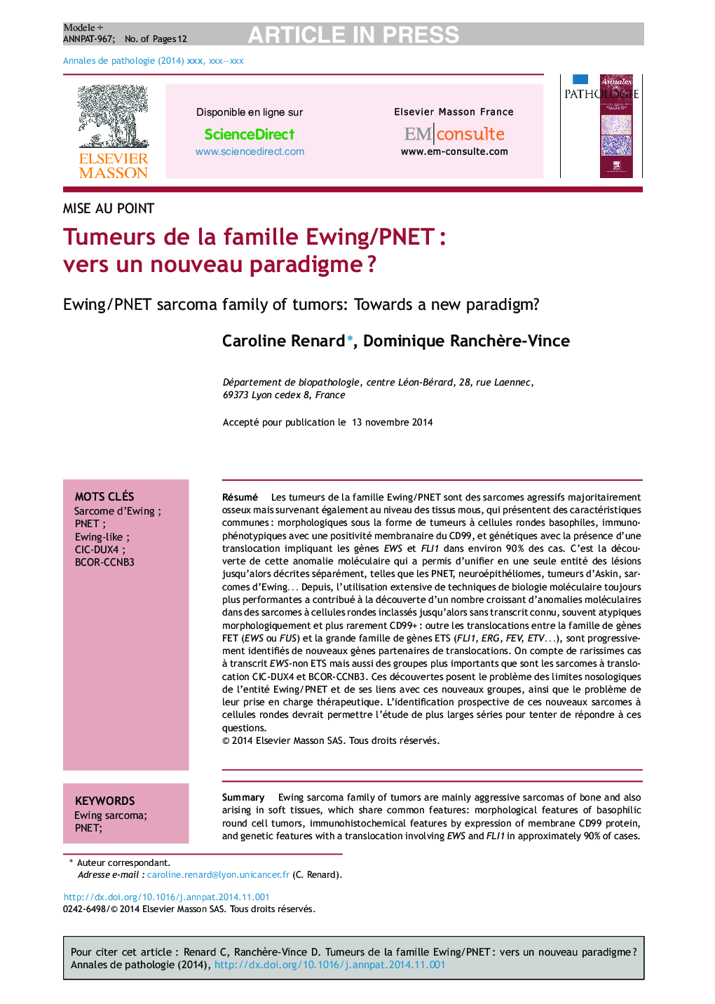 Tumeurs de la famille Ewing/PNETÂ : vers un nouveau paradigmeÂ ?