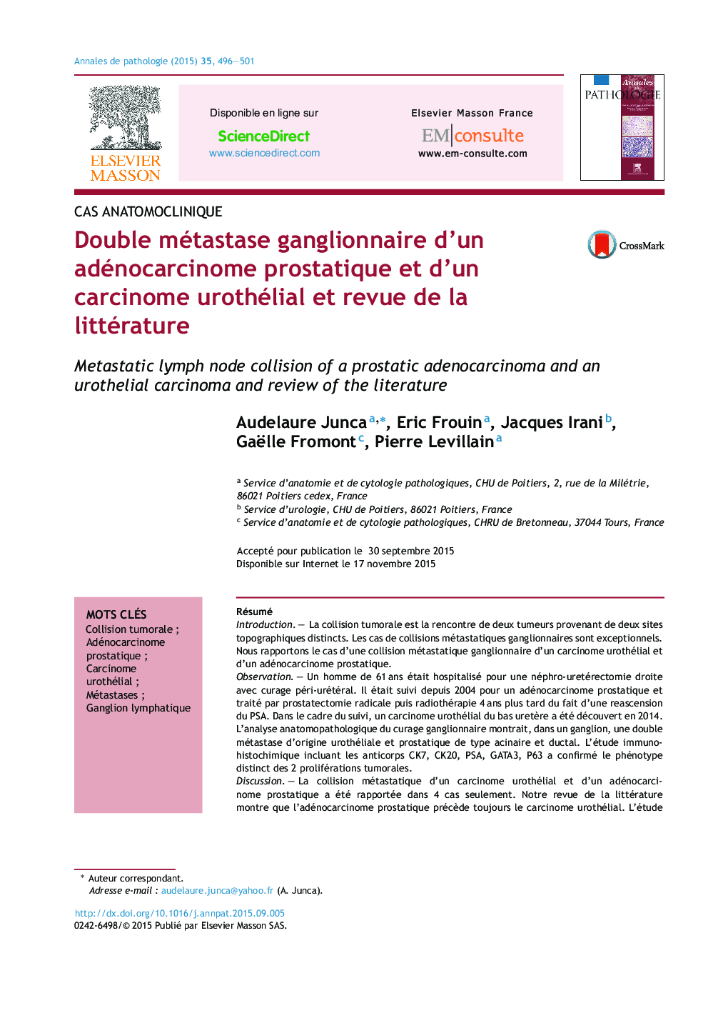 Double métastase ganglionnaire d'un adénocarcinome prostatique et d'un carcinome urothélial et revue de la littérature