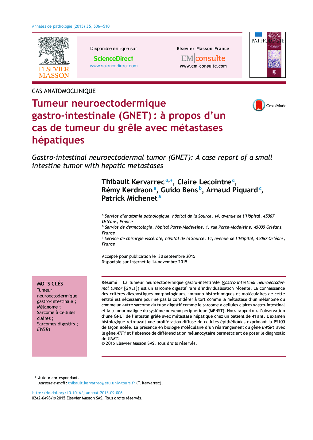 Tumeur neuroectodermique gastro-intestinale (GNET)Â : Ã  propos d'un cas de tumeur du grÃªle avec métastases hépatiques