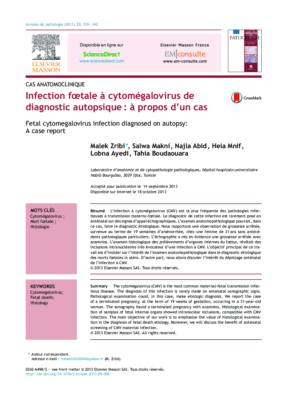 Infection fÅtale Ã  cytomégalovirus de diagnostic autopsiqueÂ : Ã  propos d'un cas