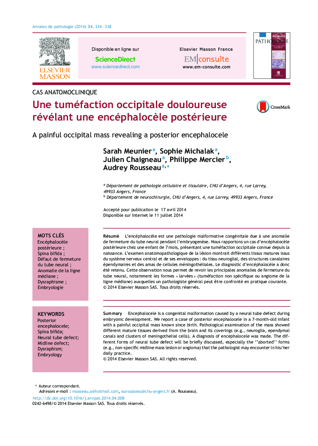 Une tuméfaction occipitale douloureuse révélant une encéphalocÃ¨le postérieure