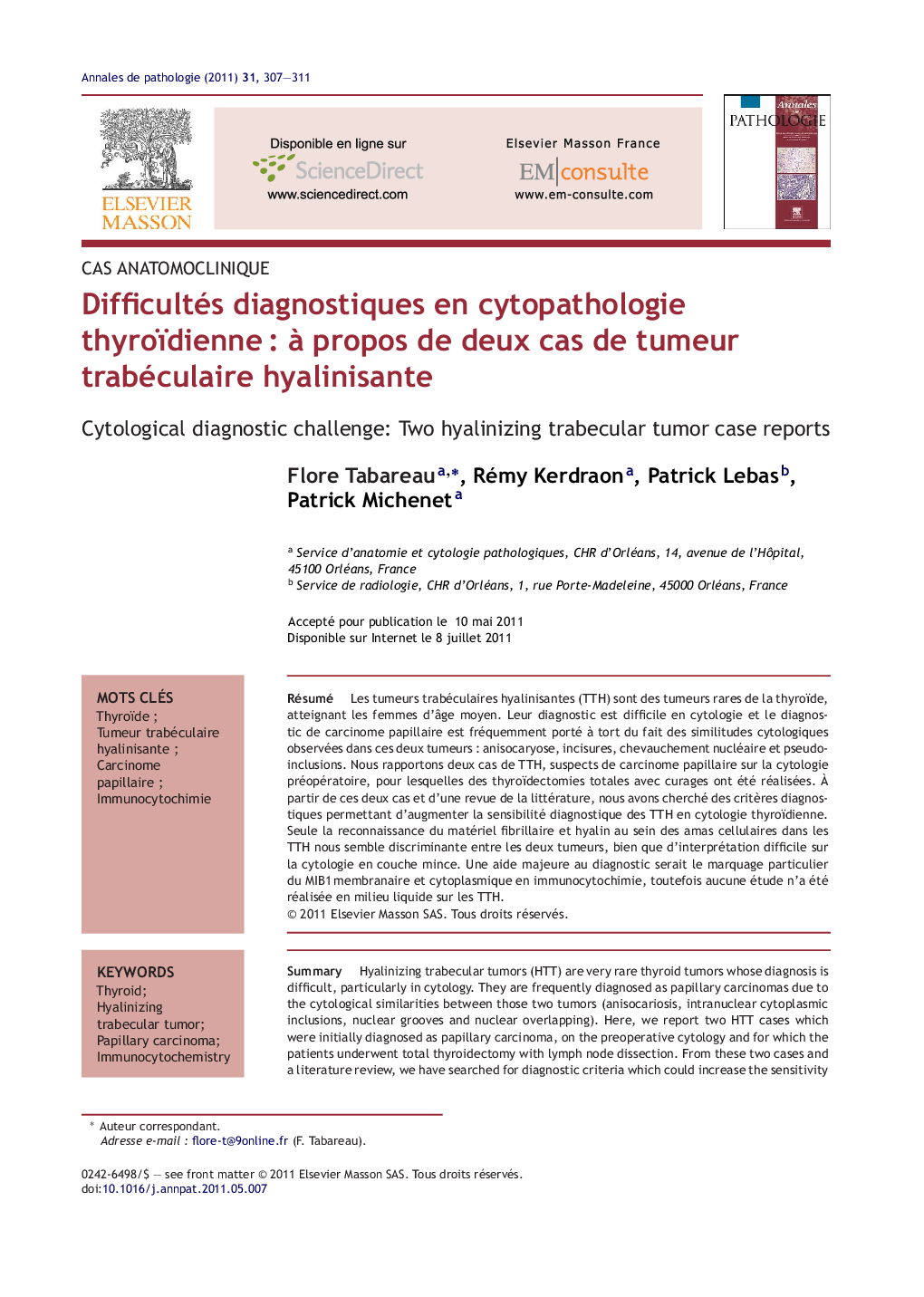 Difficultés diagnostiques en cytopathologie thyroïdienneÂ : Ã  propos de deux cas de tumeur trabéculaire hyalinisante