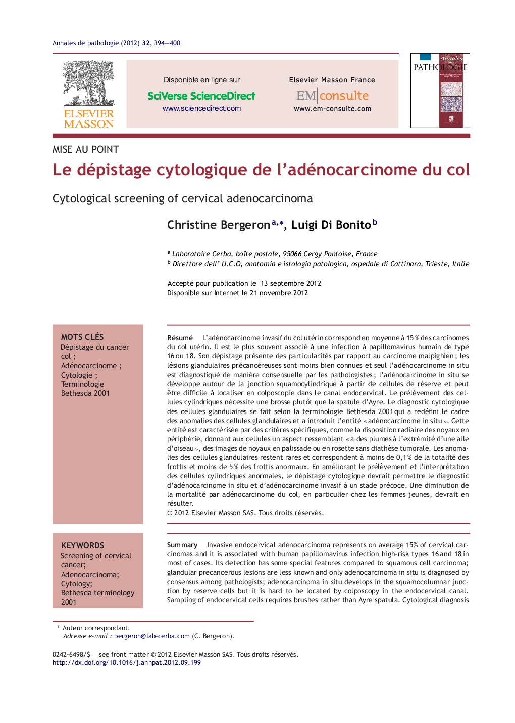 Le dépistage cytologique de l'adénocarcinome du col